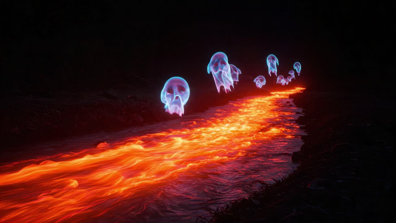 A Fantastical Journey Through a Glowing Lava Stream with Ethereal Ghostly Figures Floating Above, Merging Elements of Fantasy and Horror in a Vivid Landscape