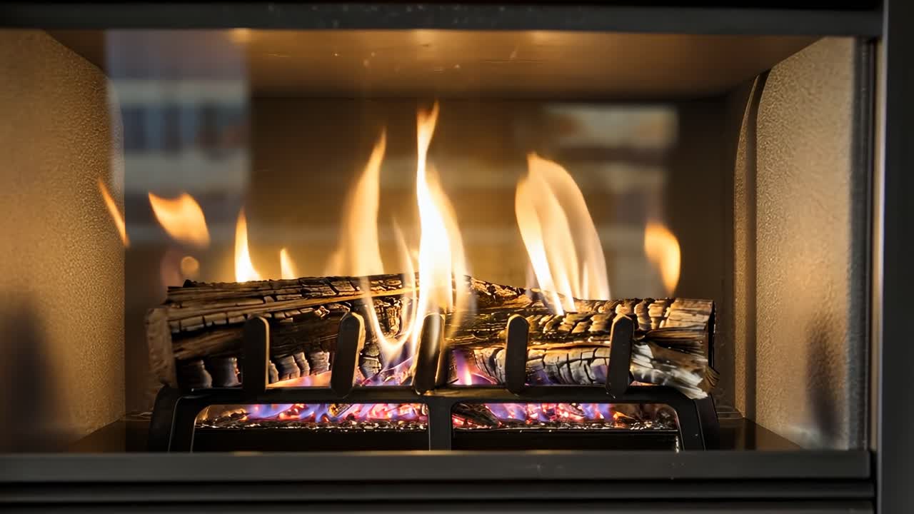 Cozy fireplace with burning logs, captured at eye-level. The warm glow and flickering flames