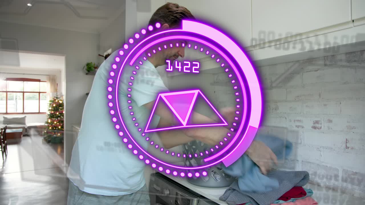 Man reaching into laundry basket, folding shirts on counter, purple HUD overlay, home organizing