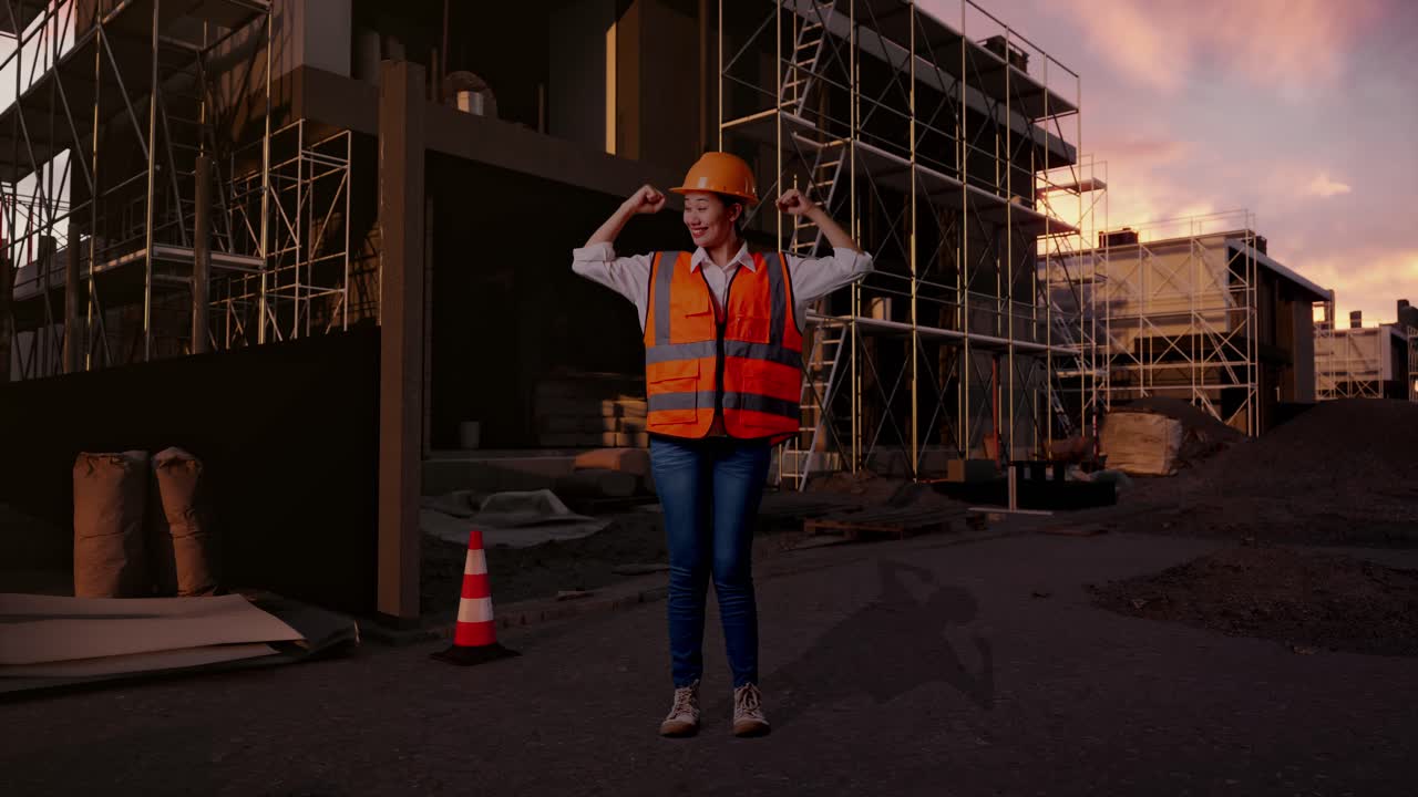 Full Body Of Asian Female Engineer With Safety Helmet Flexing Her Bicep And Smiling To Camera While Standing At Construction Site in Progress to New House