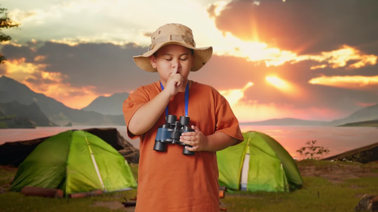 Kid Camping at Sunset with Binoculars