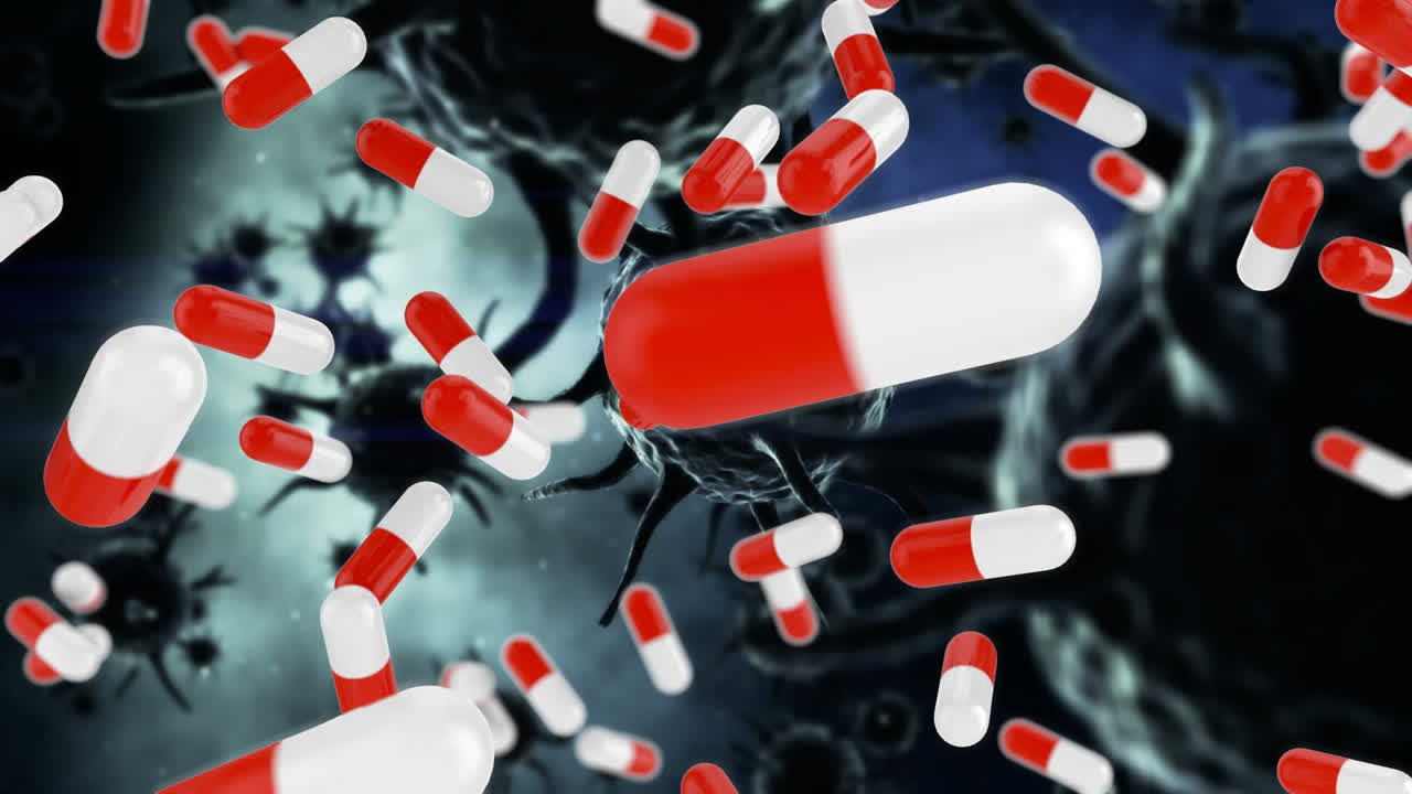 파란색 배경에 떠다니는 코로나19 세포와 알약의 애니메이션