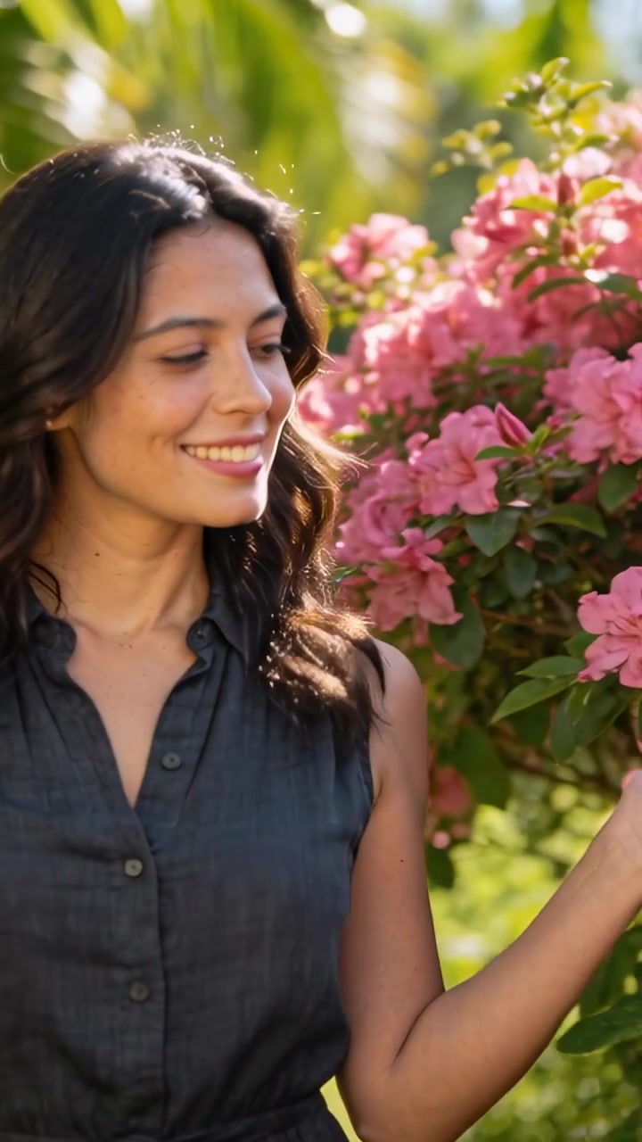 Video verticale: Notando un arbusto rosa, una donna in canotta si gira e tocca i petali in giardino.