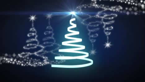 mancha de luz sobre la cinta que forma un árbol de navidad contra los iconos del árbol de navidad sobre un fondo azul