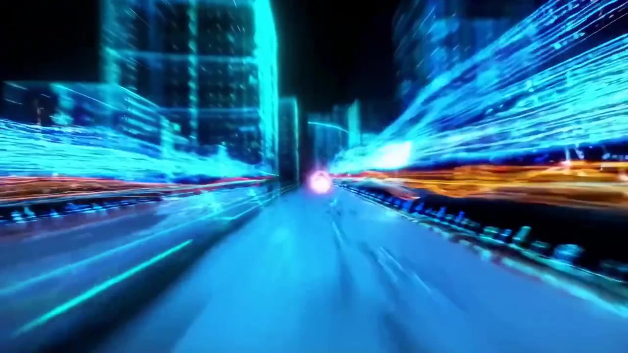 Paesaggio urbano digitale astratto con scie luminose ad alta velocità