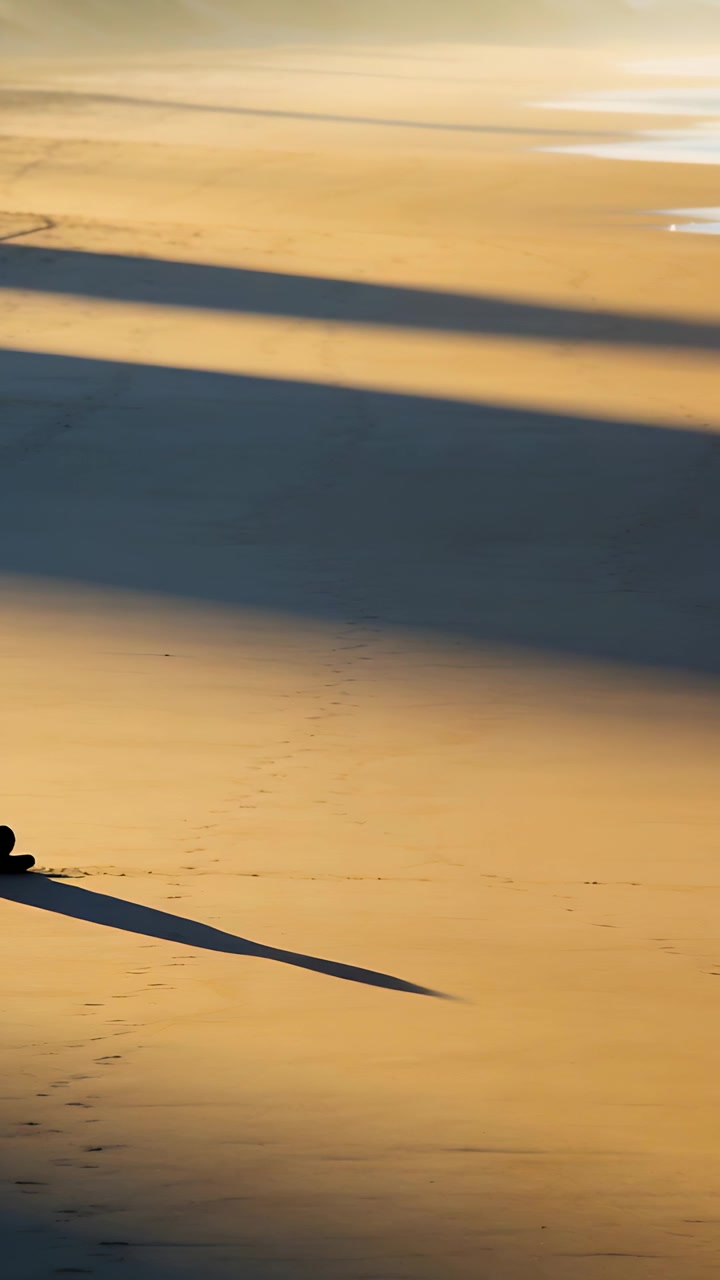 Vertical video: Sitting man in coat watching sunset on sand with long pier shadows, copy space