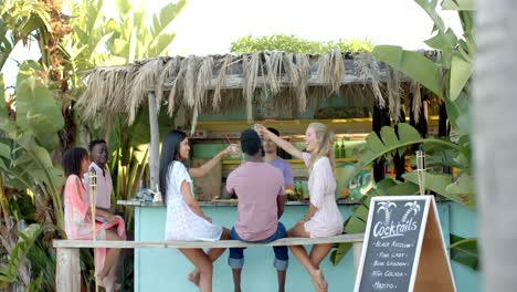 happy diverse group of friends talking and making a toast with cocktails at beach bar