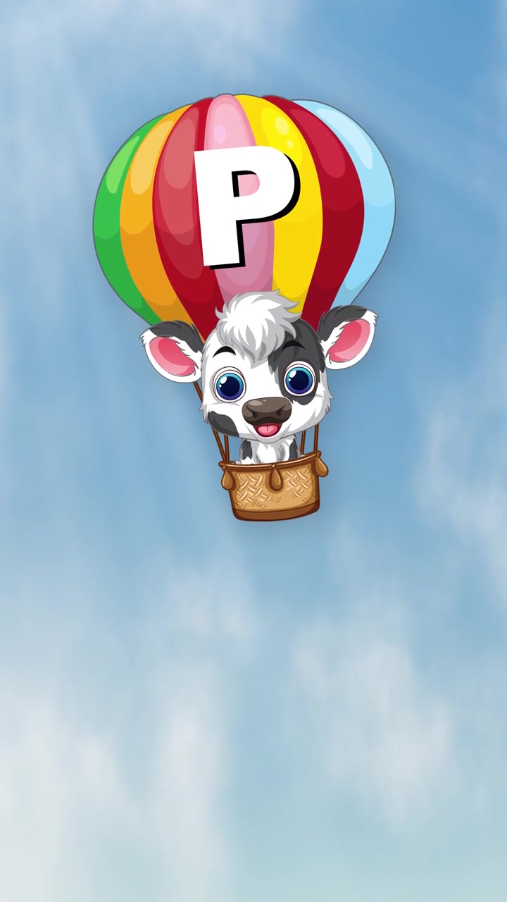Personagem de vaca animada desce verticalmente em balão de ar quente colorido através de céu azul ensolarado