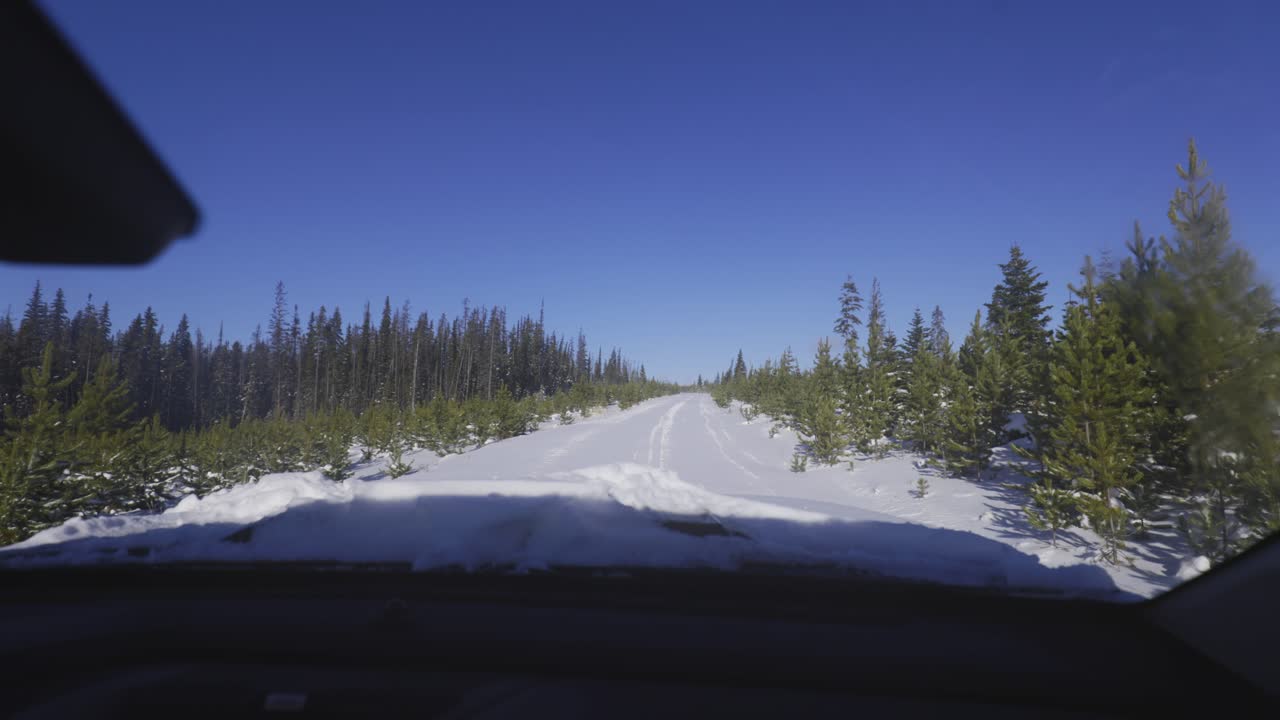 Driving on a snowy road in the middle of nowehere