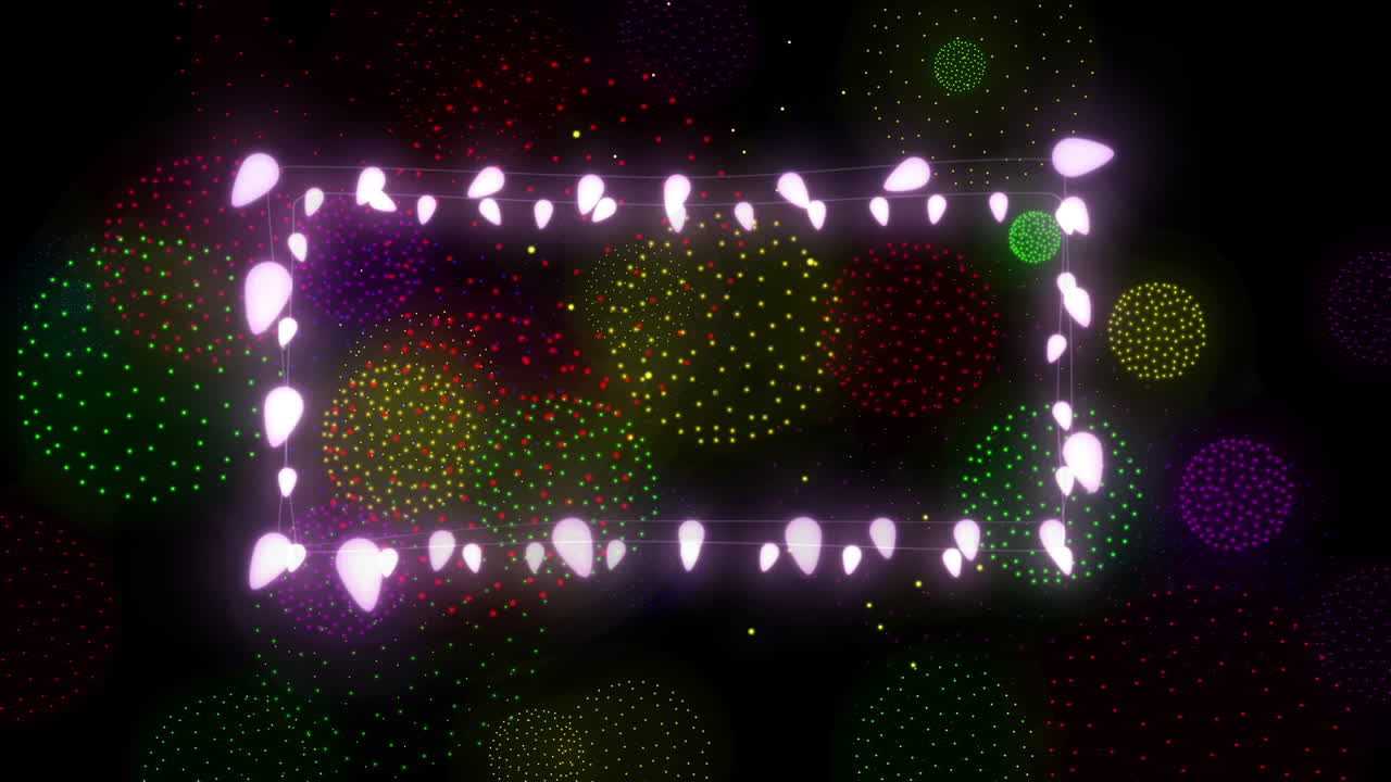 검은색 배경에 다채로운 모양과 불꽃놀이에 대한 요정 불빛의 애니메이션