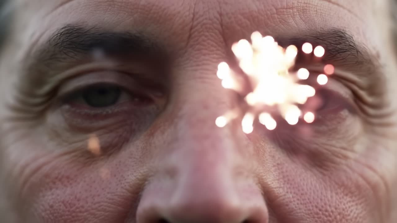 A Close-Up of Human Emotion Captured: The Transformation from Sparkling Joy to Calm Reflection in a Person's Expression