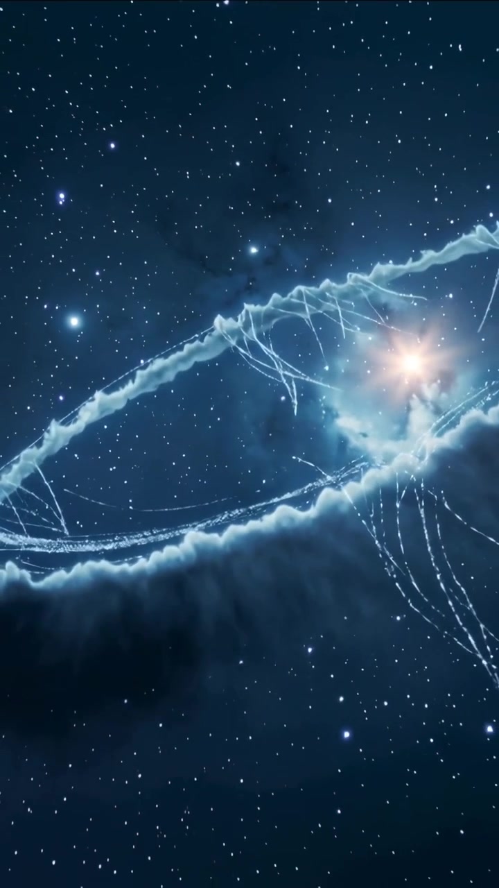 Video verticale: Nucleo che si illumina spingendo una nebulosa a mezzaluna in un campo stellare, con filamenti che si inarcano.