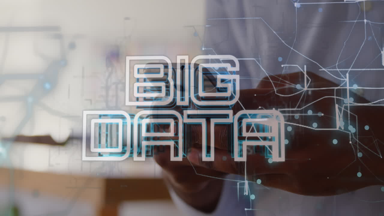 Animation of big data text banner against mid section of african american man using smartphone