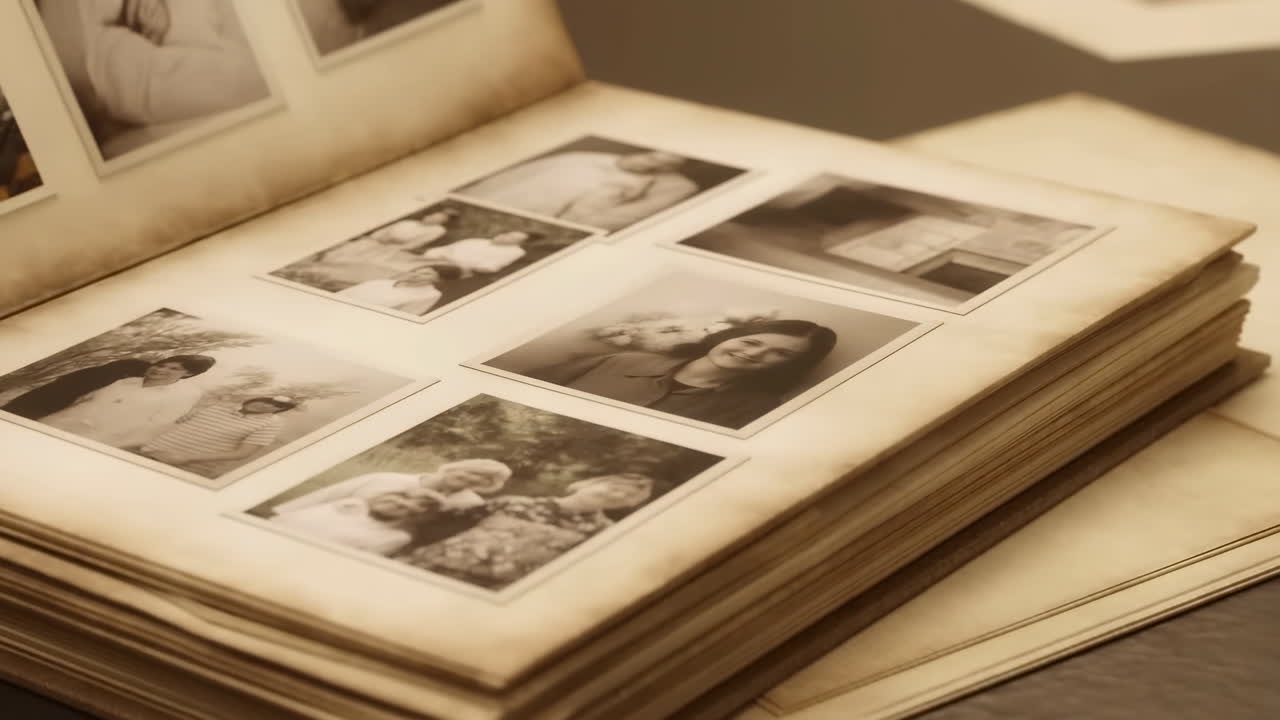 Vintage Photo Album Lying Open On Wooden Table, Sepia Portraits In Pages, Soft Warm Light Evokes Nostalgia