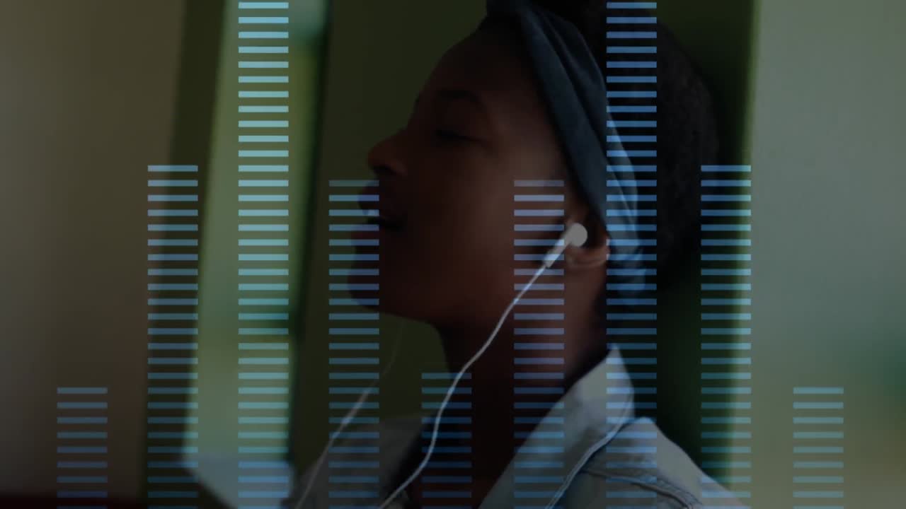 Music equalizer over woman wearing headphones