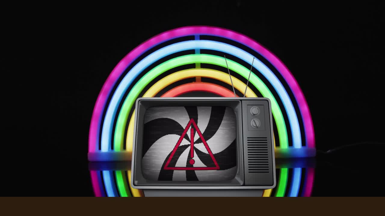 검은색과  ⁇ 색 줄무 ⁇ 와 경고 삼각형의 애니메이션 레트로 tv에 네온 원