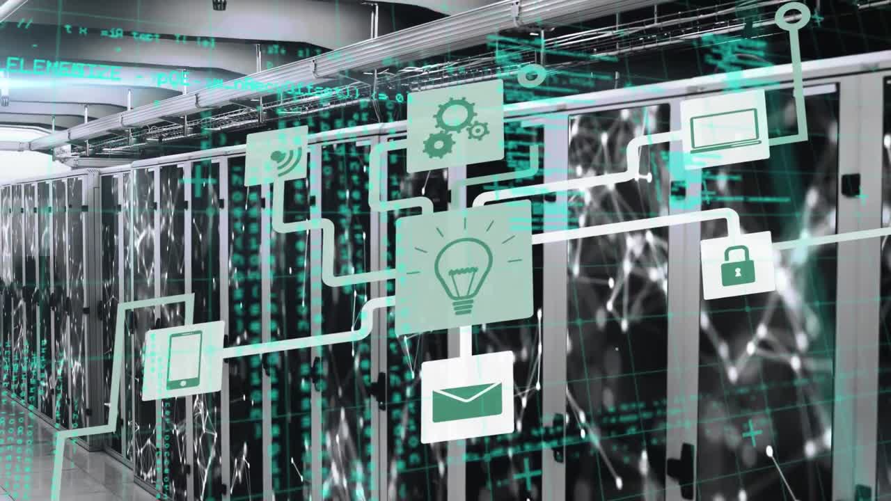 animación de la red de conexiones con iconos y procesamiento de datos a través de servidores informáticos