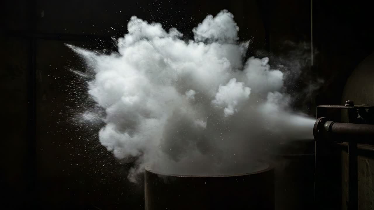 Dramatic Release of Steam: Captivating Visuals of Water Vapor Being Ejected from a Pipe, Creating a Thick Cloud of Fog that Envelops the Surrounding Space