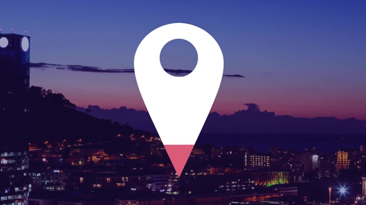 animación del icono de la ubicación y la ciudad en el fondo