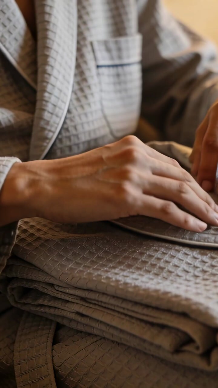 Vertical video: Resting right hand sliding forward, hands lifting and smoothing robe, preparing use