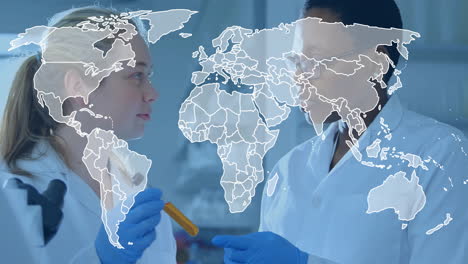 in laboratory, scientists discussing research with world map animation overlay