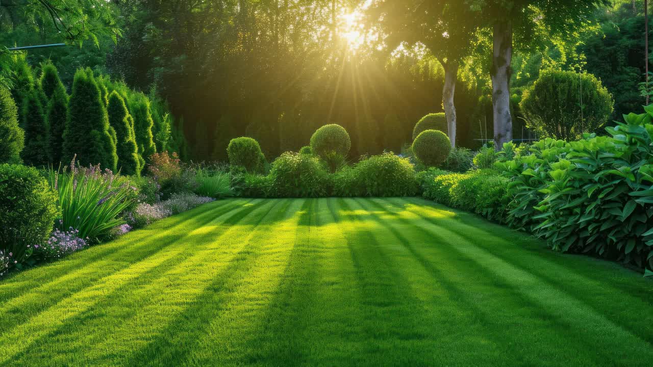 A serene garden scene at sunrise, captured from a low angle. The lush greenery and sun rays