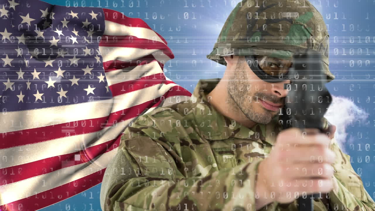 animación de la bandera estadounidense y texto sobre soldados afroamericanos