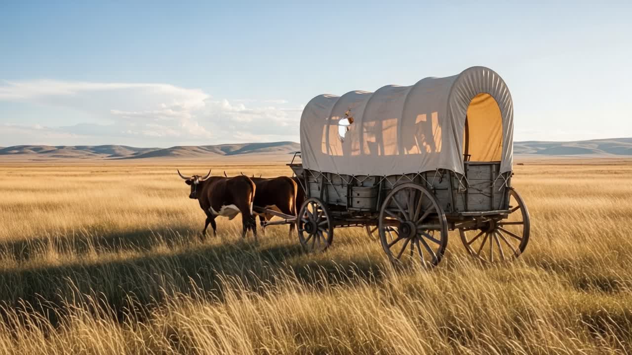 A picturesque view of a traditional covered wagon being drawn by oxen across a vast golden meadow under a clear sky, evoking a sense of adventure and exploration