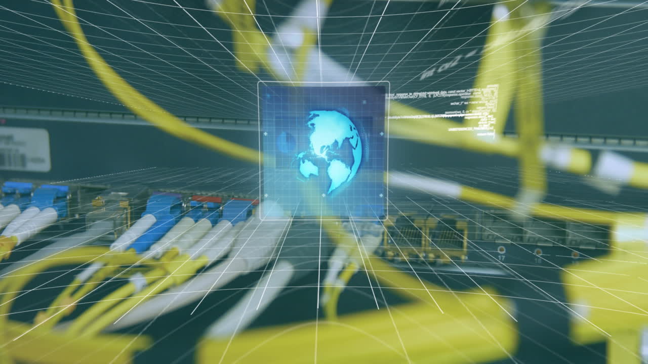 animazione del globo e elaborazione dei dati sullo schermo tramite cavi di computer