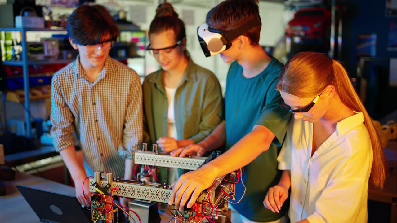 Young engineers with VR virtual reality headset fixing a robotic car in research laboratory, slow motion