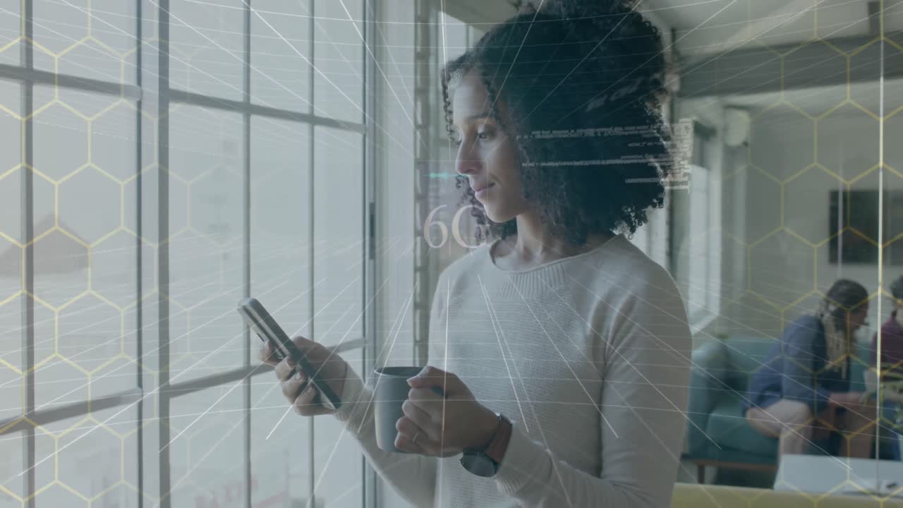 Animation of 6g text and data over biracial casual businesswoman using smartphone in office