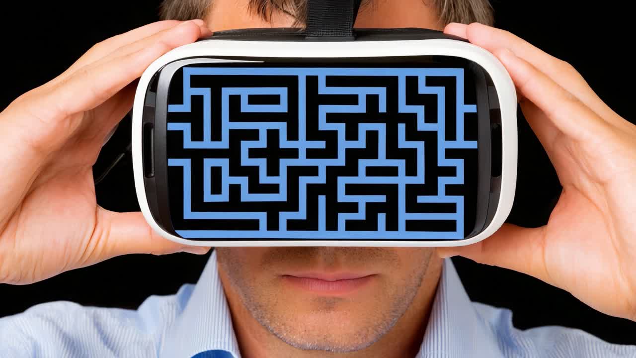 An Engaging Exploration of Virtual Reality Technology Featuring a User Immersed in a Complex Maze Experience Through a Headset, Illustrating the Intersection of Gaming and Interactive Digital Worlds