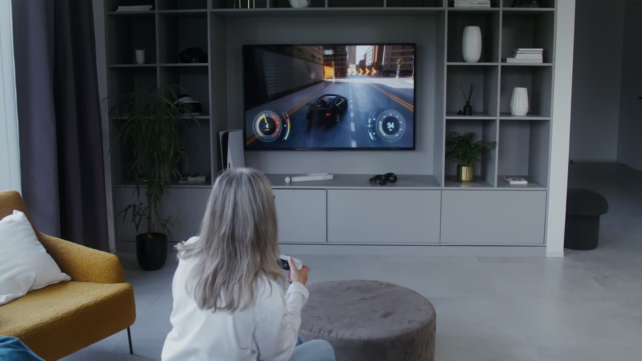 Woman Playing Racing Video Game