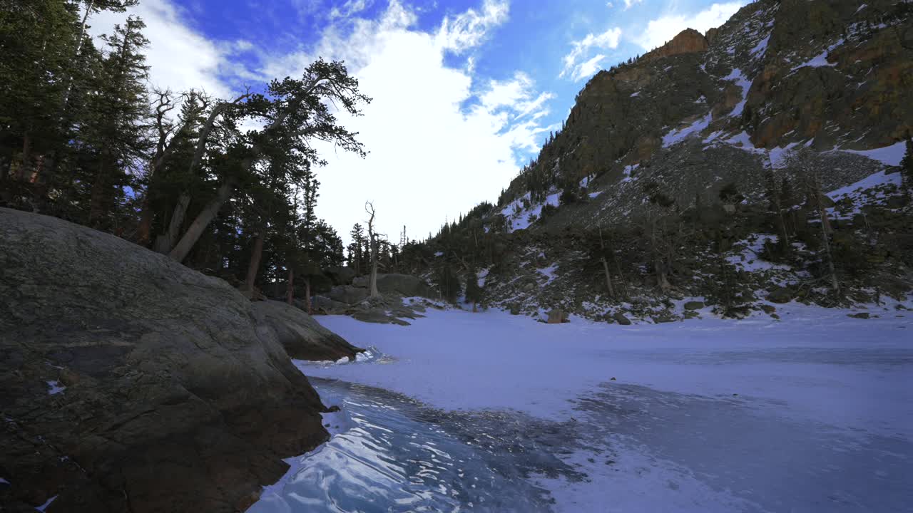 Lago Smeraldo Lago dei Sogni Inverno Parco Nazionale delle Montagne Rocciose RMNP Colorado formazione di ghiaccio unica alpino d'alta quota sentiero del Lago dell'Orso drone aereo Picco Hallett cielo azzurro e soleggiato Monti Flattop inquadratura statica