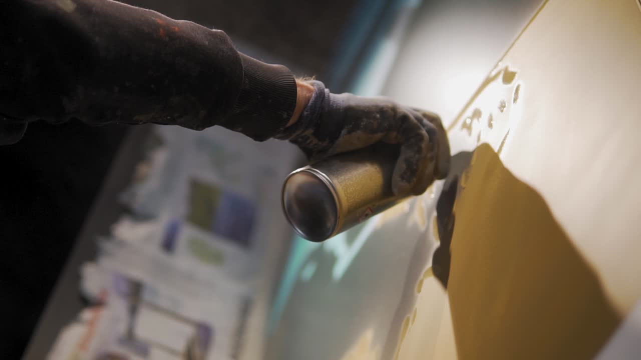 cámara lenta: ángulo bajo del hombre que dibuja y pinta con pintura en aerosol y se divierte