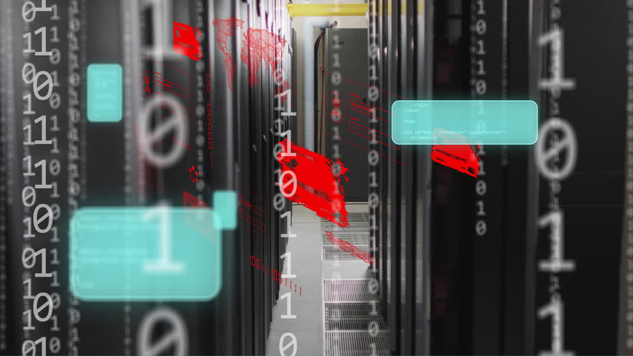 animación de tarjetas de crédito, codificación binaria y procesamiento de datos a través de servidores informáticos