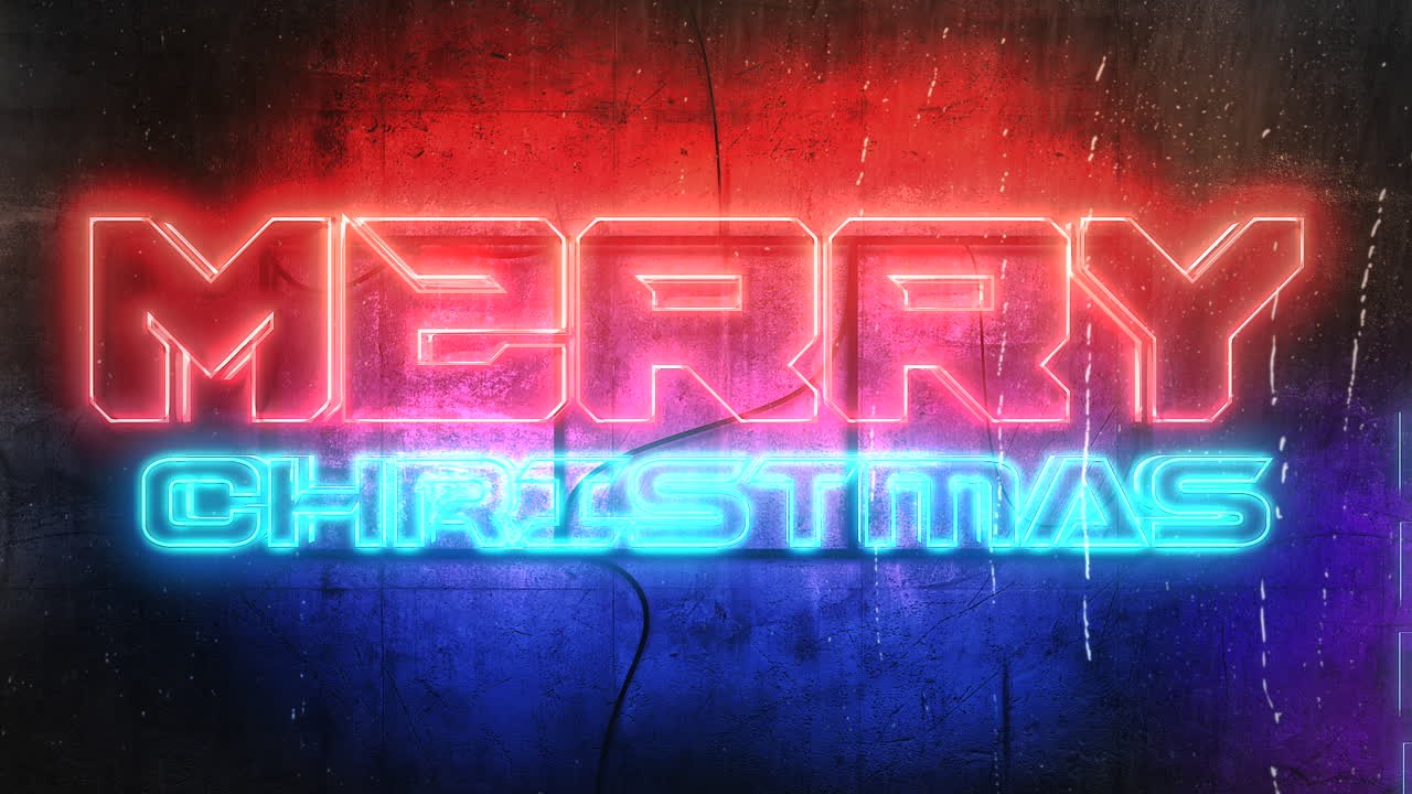 texto de animación feliz navidad y fondo de animación cyberpunk con luces de neón en la pared de la ciudad