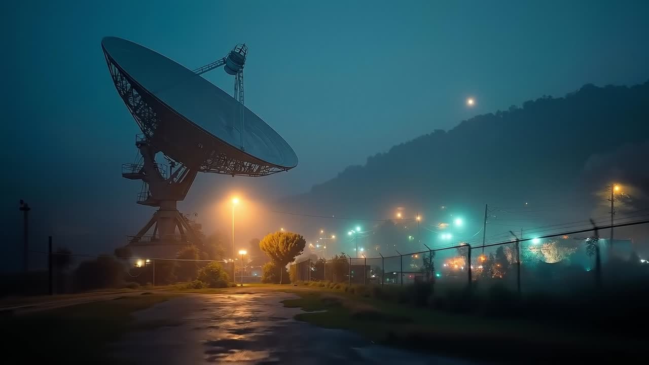 A large satellite dish sitting on the side of a road