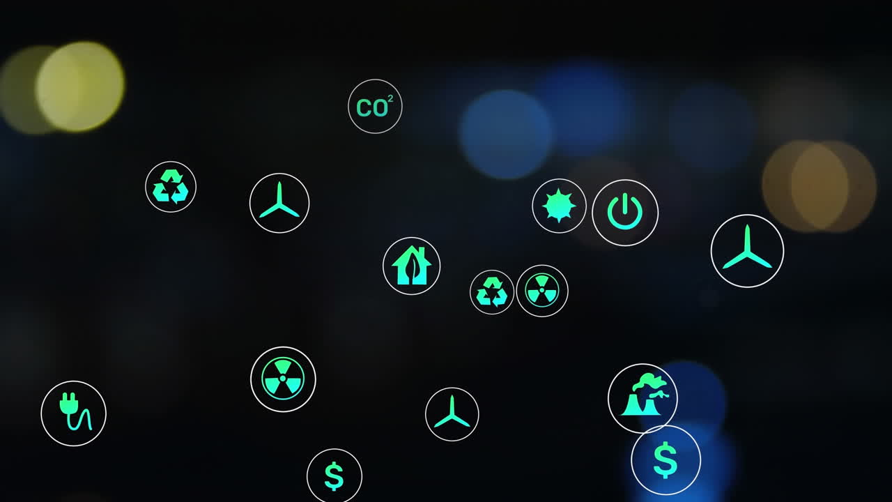 Animazione di più icone digitali su punti luce colorati su sfondo nero.
