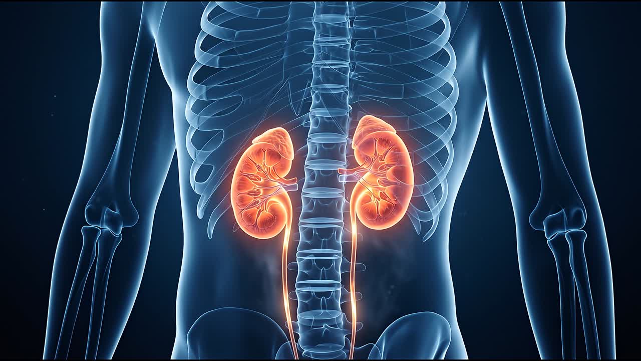 Human kidneys highlighted inside transparent body showing anatomy urinary system and internal organ function
