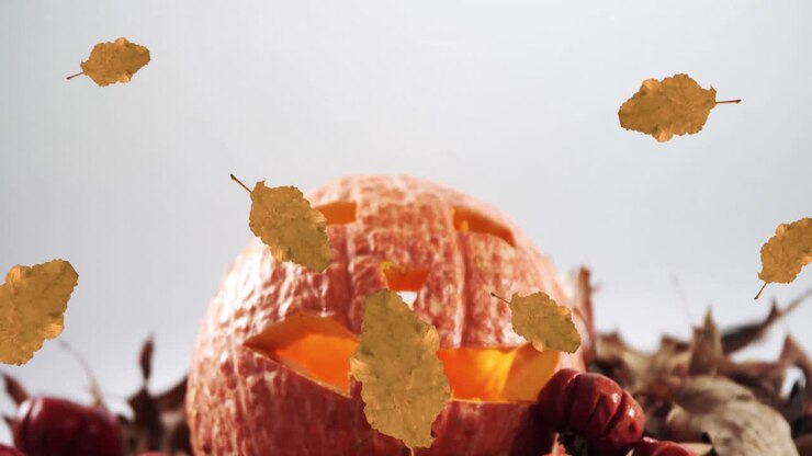 Animation of orange autumn leaves falling over pumpkin