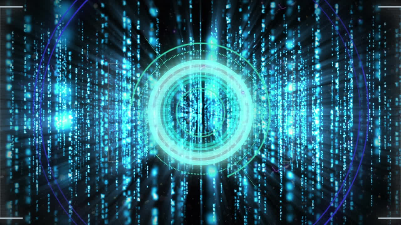animación digital de un escáner de neón redondo contra rastros de luz azul sobre fondo negro