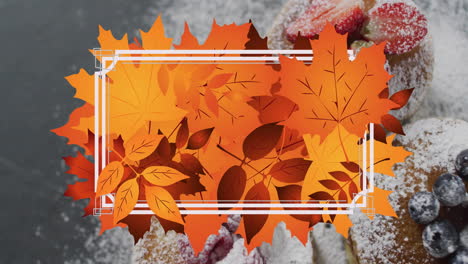 Animation-of-frame-with-fall-leaves-over-pancakes