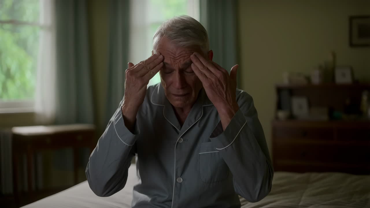 Elderly Man Suffering from Headache in Bed
