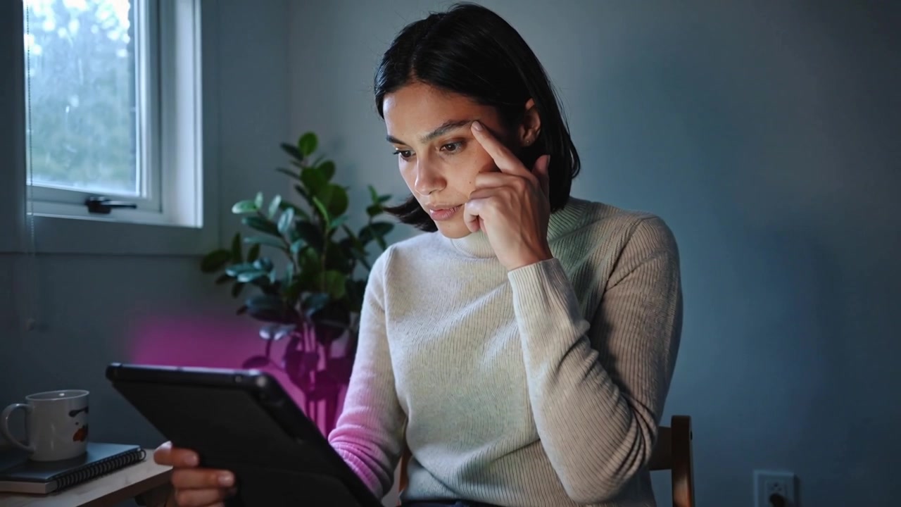 La telecamera si allontana, donna con un top a costine che si tocca la tempia, leggendo un tablet, rivedendo appunti nello studio