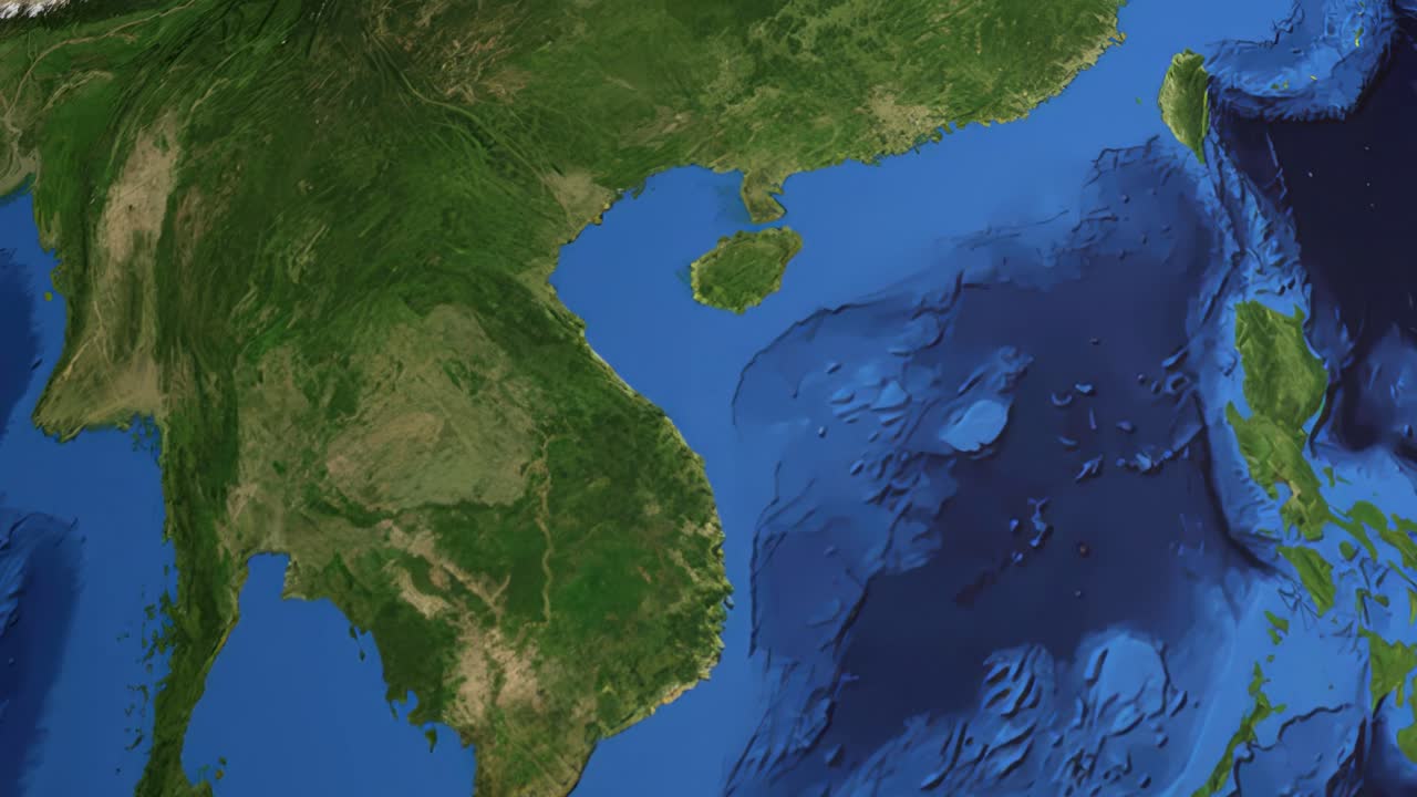 A vista de satélite faz um zoom do espaço sideral para o Sudeste Asiático, destacando Banguecoque e países vizinhos.