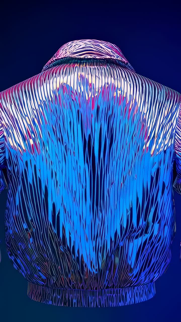 Vertical video: Pulsing studio light causing iridescent bomber jacket rippling, shifting blue-pink