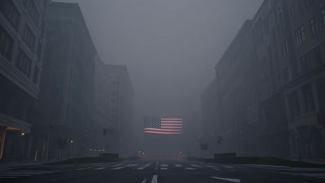 dense fog reducing visibility on a deserted city street with tall buildings on each side, creating a mysterious and eerie atmosphere in the morning