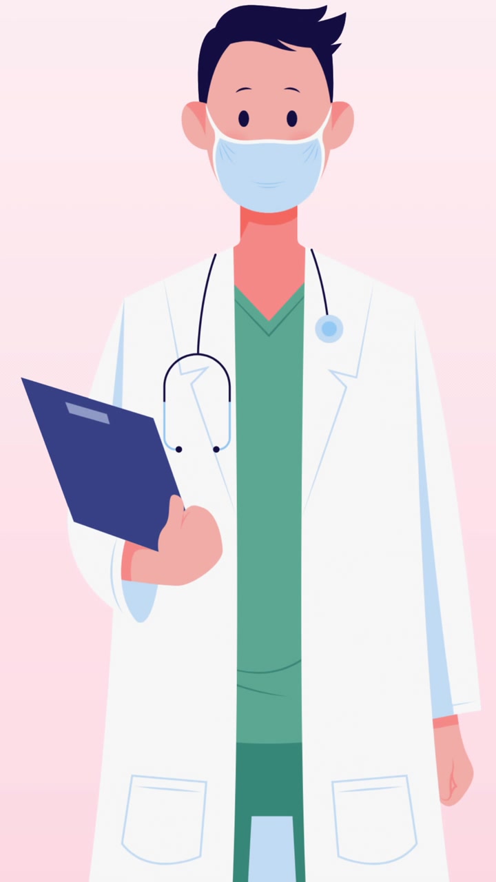 Animazione di medico uomo con mascherina su sfondo bianco
