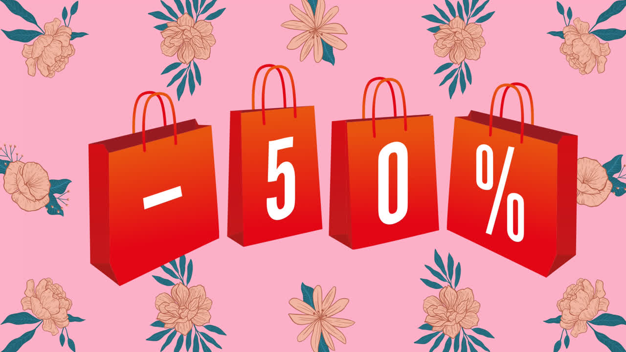 animación de 50 por ciento de texto sobre flores en fondo rosa